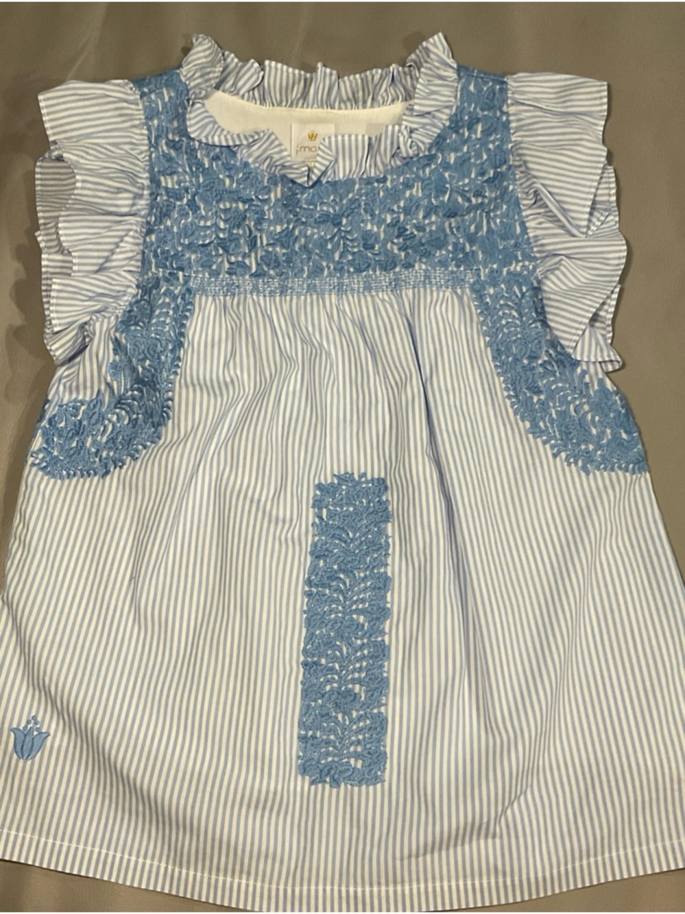 Light Blue Striped Ruffle Sleeve Blouse with Crochet Trim